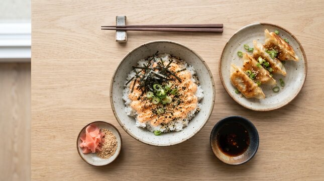 Top View Mentai Rice and Gyoza Japanese Meal. Overhead flat lay featuring Japanese mentai rice, crispy gyoza and traditional side ingredients.