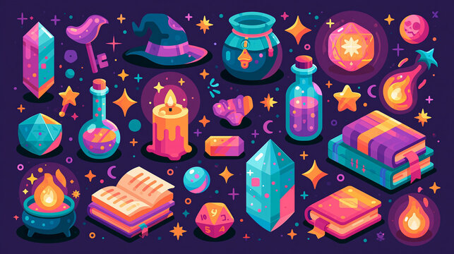 Colorful magical items including potions, crystals, and a wizard hat against a dark backdrop.