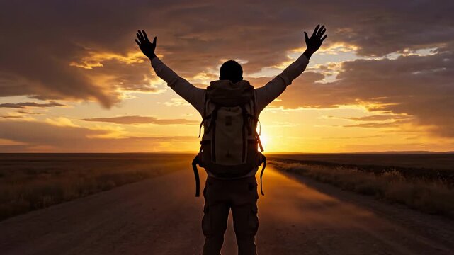 Man with backpack celebrating sunset on dirt road
