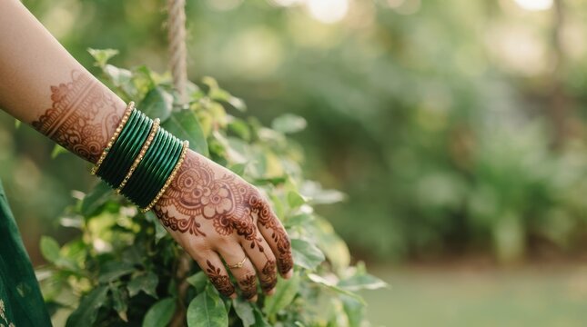 Close up of an Indian woman hand adorned with traditional henna tattoo and green glass bangles touching leaves outdoors representing cultural heritage and bridal elegance