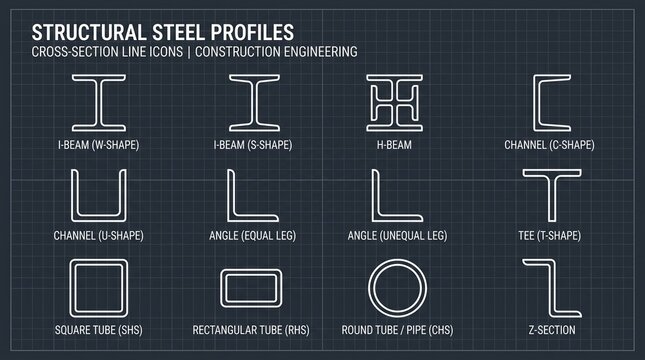 Structural Steel Profiles Cross Section Line Icons Construction Engineering