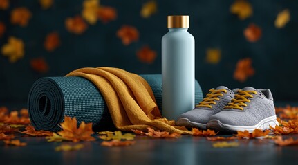 Fototapeta premium Autumn fitness gear with yoga mat sneakers and water bottle on fall leaves surface
