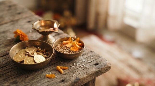 Traditional Indian celebration setup with a lit diya oil lamp, gold coins, grains, and marigold flowers on a rustic wooden table for a festive ritual