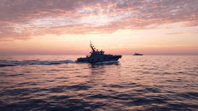 Patrol boat cruising through ocean at sunset