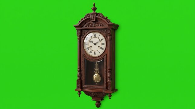 Antique wooden wall clock. Vintage pendulum timepiece isolated on green screen background.