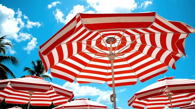 Red striped beach umbrellas standing on sandy resort shore under sunny blue sky