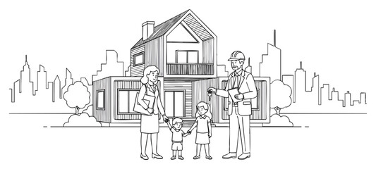 Fototapeta premium Charming black-and-white hand-drawn family illustration near cozy house with heartwarming details, concept for real estate marketing, family values promotion, greeting cards, and community engagement