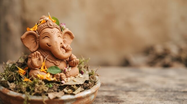 Eco friendly clay Ganesha idol decorated with flowers and moss in a pot for Ganesh Chaturthi worship and spiritual blessings