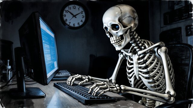 Skeleton types code late night, clock ticks away its endless work.