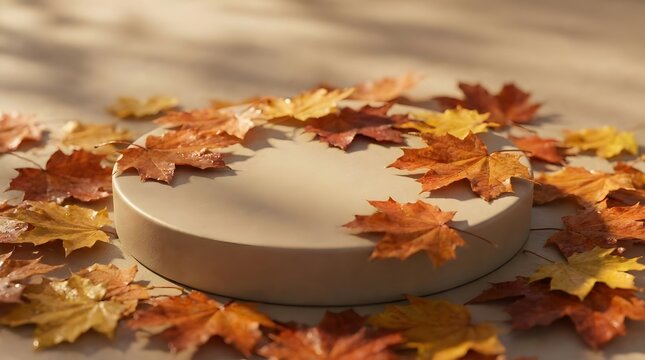 Beige circular podium surrounded by autumn maple leaves