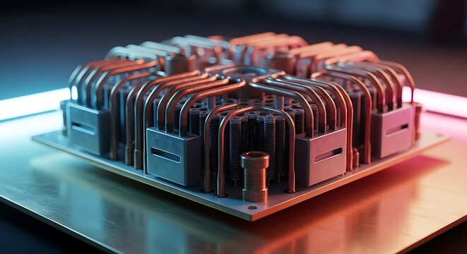 Advanced Computer Processor with Heatsink Array on Metallic Motherboard