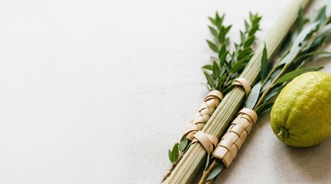 Traditional Jewish Four Species for Sukkot festival containing lulav, etrog, myrtle and willow branches on a white background with copy space