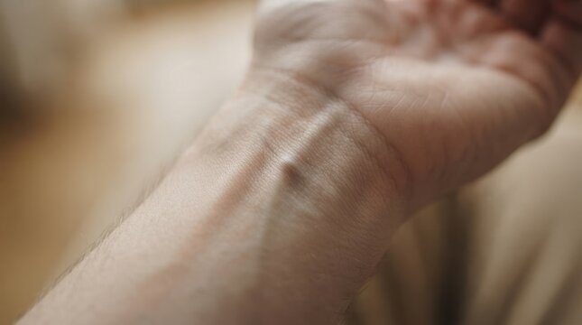 Adult man showing ganglion cyst on his wrist, close-up view representing medical condition, health issue, and orthopedic diagnosis in clinical or personal setting