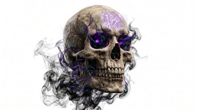 Human skull with purple glowing eyes and smoke. Magical fantasy cranium with dark aura.