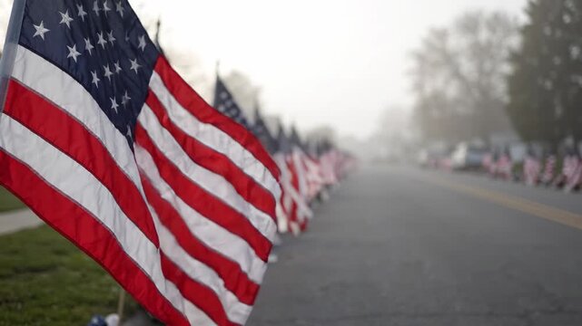 American flags waving in foggy cemetery