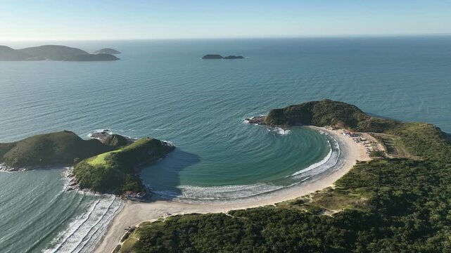 Cabo Frio in Rio de Janeiro. Conchas beach, Praia das Conchas. Aerial view, establishing shot.
