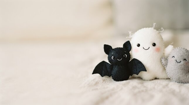 Cute handmade felt Halloween toys with a black bat and white and grey ghosts on a light textile background for seasonal festive design