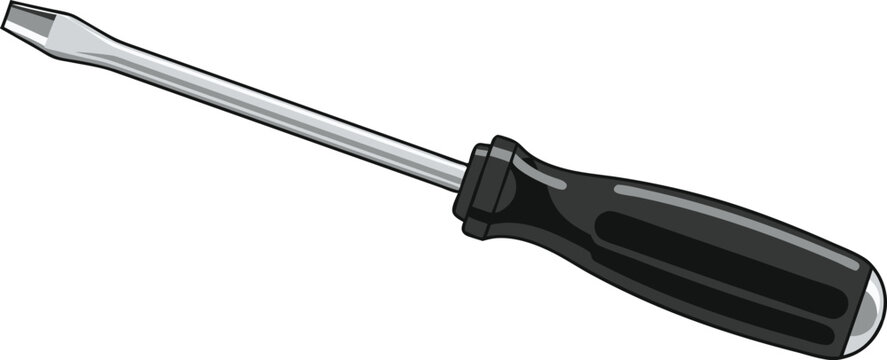 Detailed flathead screwdriver with black handle and metallic shaft, ideal for hardware store graphics, DIY project guides, repair manuals, and tool-themed designs