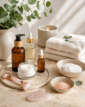 Luxury home spa skincare arrangement with amber bottles, moisturizer, facial oil, rose quartz roller, gua sha, towels and bath salts.