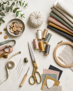 Elegant sewing and tailoring supplies with fabric swatches, thread spools, scissors, needles, buttons, ribbons and embroidery hoop.