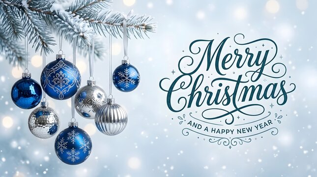 Elegant blue and silver christmas ornaments hanging on a pine branch with a festive merry christmas greeting background