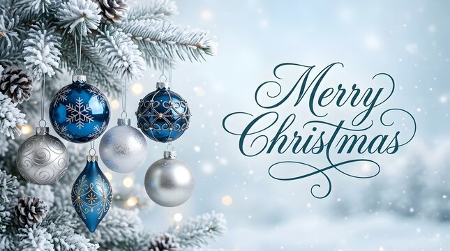 Elegant merry christmas greeting card background with blue and silver ornaments hanging on a snowy pine tree branch
