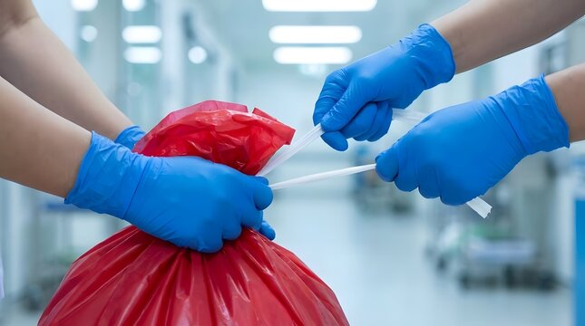 Hands in blue gloves sealing red biohazard bag
