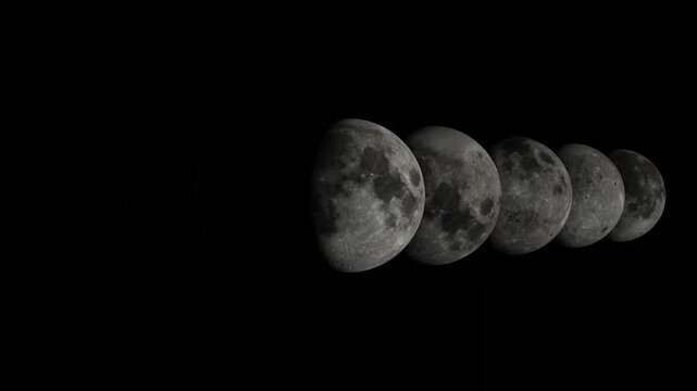 Time lapse loop animation showing lunar phases appearing from left to right to reveal full moon
