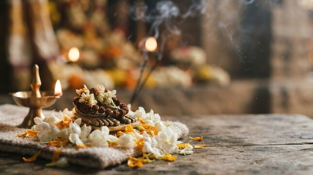 Hindu puja ceremony ritual with lit brass oil lamp diya, fragrant incense smoke, fresh jasmine flowers, and paduka footprint sculpture on wooden altar for spiritual worship