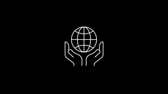 Hand with Earth Globe Line Icon with Glow Animated Sign Symbol 4k Motion Graphics Video Footage with Alpha Channel