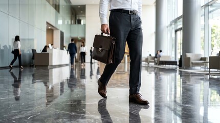 Fototapeta premium Confident Businessman with Leather Briefcase Walking Through Modern Corporate Office Lobby