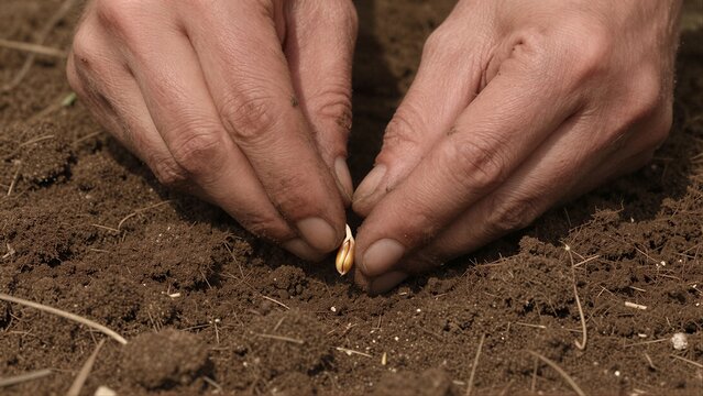 Hands gently place a seed into rich, dark soil for planting.