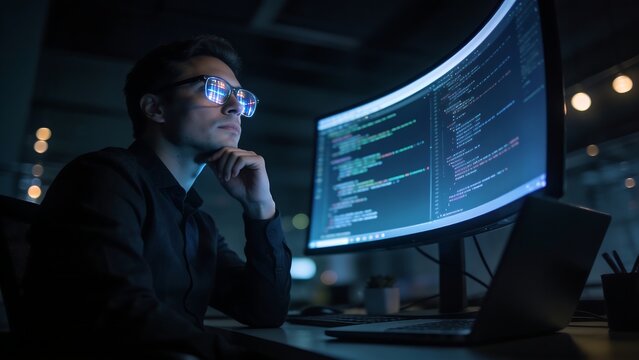Focused software developer working on computer code at night looking at curved monitor in dark office