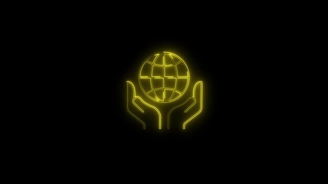 Hand with Earth Globe Line Icon with Glow Animated Sign Symbol 4k Motion Graphics Video Footage with Alpha Channel