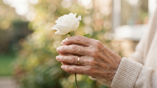 Elderly woman holding a white rose in hands representing grief, remembrance, and care in late adulthood life