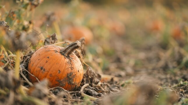 Pumpkin patch ready for autumn harvest with ripe orange pumpkins resting on dry vines in a rural field during fall season