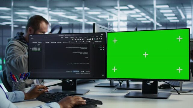 Woman safeguarding servers against viruses using mockup computer from a secondary camera angle while capturing firewall review, server bottlenecks and technical problem solving.