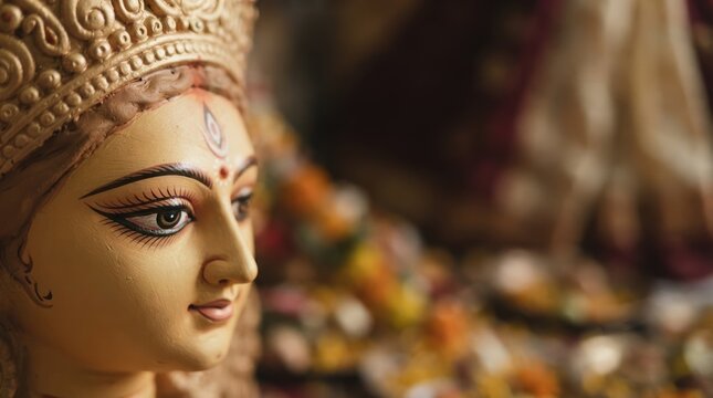 Close-up of Goddess Durga idol face during Hindu festival celebration showing intricate crown and detailed makeup for cultural projects