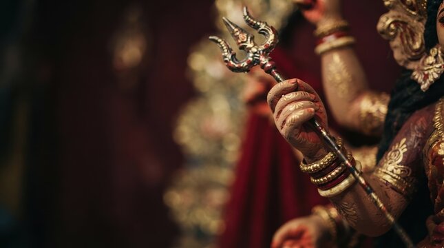 Close up of goddess Durga statue hand holding trishula trident weapon for Hindu festival celebration and worship concept