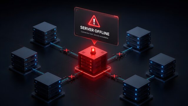 Critical server outage causing network failure with broken connections, symbolizing a major data center problem or IT infrastructure collapse.