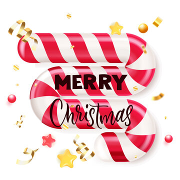Vector 3d realistic candy cane with merry christmas text. Christmas greeting card design element with striped candy