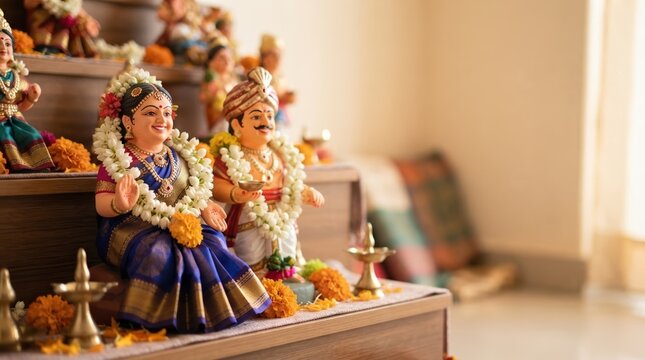 Traditional Indian Bommai Kolu dolls displayed for Dussehra and Navaratri festival with floral garlands and brass lamps