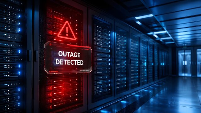 Emergency alert of a detected outage in a modern data center with server racks glowing red, signifying critical system failure and network downtime.