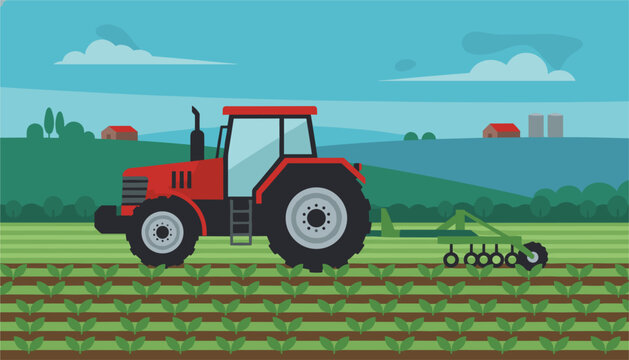 Red farm tractor pulling an agricultural cultivator plow through a green planted crop field.