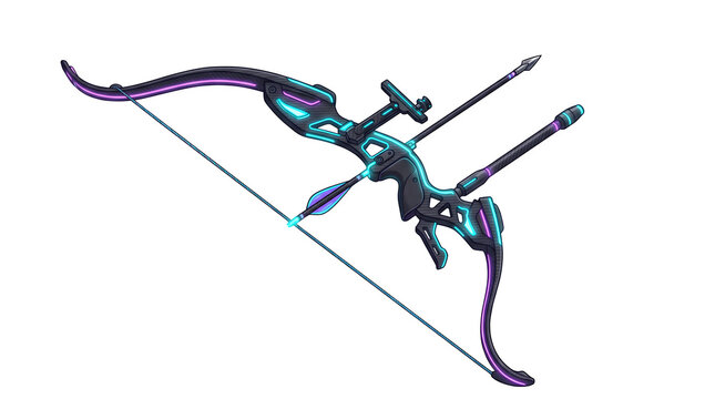 Futuristic compound bow with neon glowing accents, high-tech archery weapon for gaming, sci-fi recurve bow with arrows isolated on white background