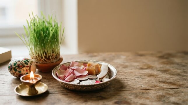 Traditional Indian religious ritual setup with fresh barley grass saplings, glowing oil lamp, and offering plate on a wooden table for Navratri festival
