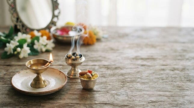 Traditional Indian prayer setup with glowing oil lamp, smoking incense, and offerings on a rustic wooden table for spiritual rituals and festive celebrations