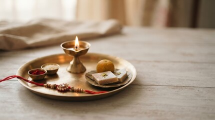 Obraz premium Raksha Bandhan festival celebration thali with traditional sweets, diya, roli, rice and rakhi thread for sibling bond ceremony