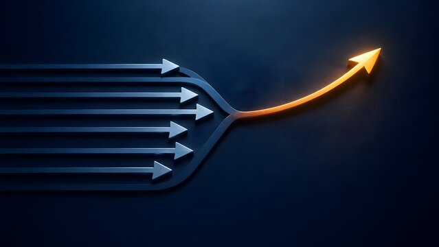 Several individual dark arrows merge into a single bright golden arrow, symbolizing unified direction, strategic growth, and successful business transformation towards a brighter future.