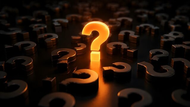 One brilliant glowing question mark emerges from a dark field of uncertainty, representing the quest for a key answer, critical insight, or significant solution.